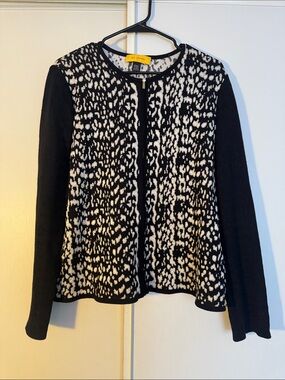 St. John Sport black and white animal print knit zip cardigan sweater jacket